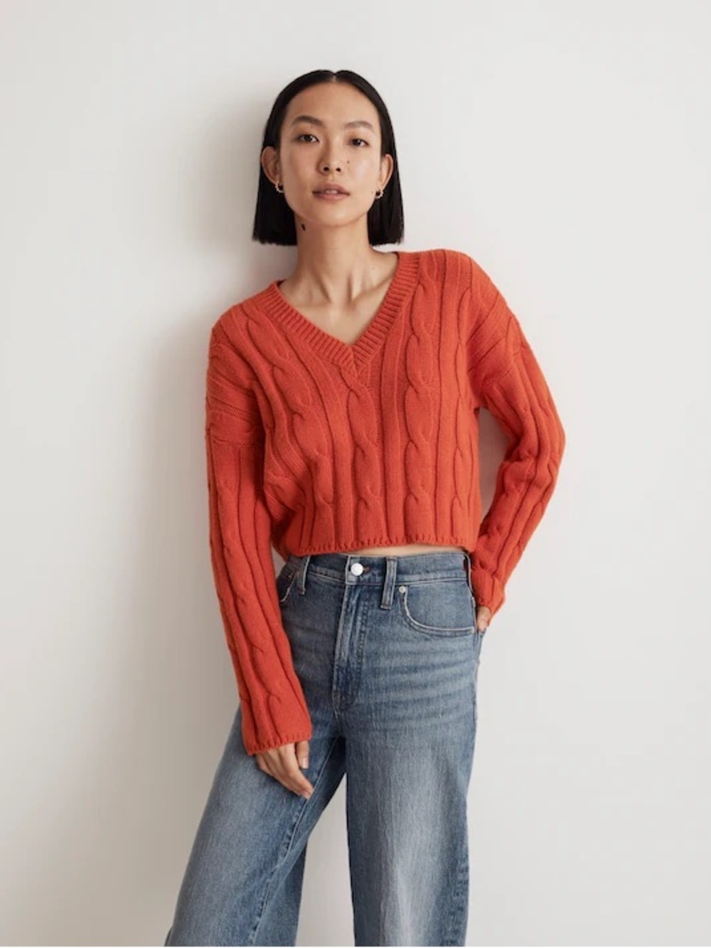 Madewell Cable Knit V Neck Sweater Burnt Orange Cotton Blend XS